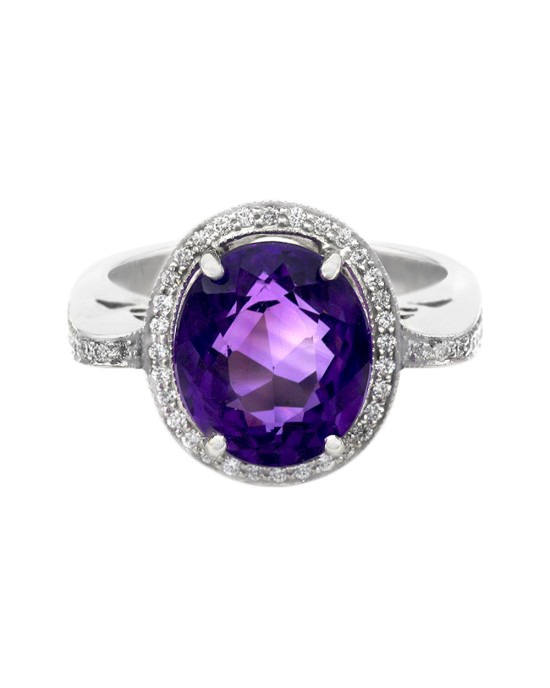 Amethyst and Diamond Halo Ring in White Gold